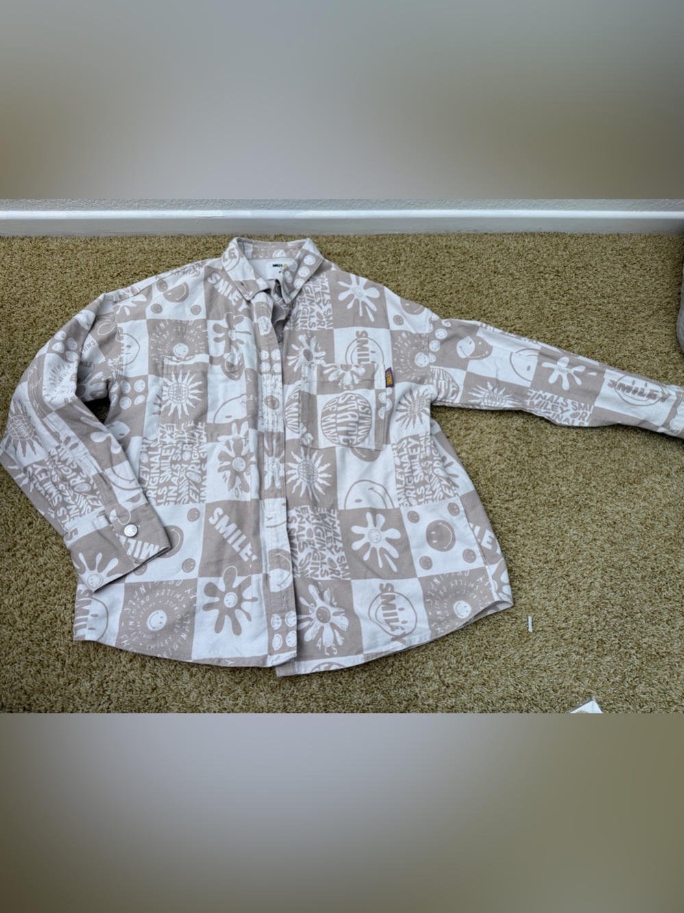Neutral Graphic Button-Up Denim Shirt - Beige & White